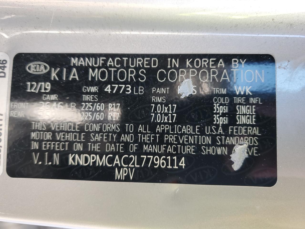 2020 KIA Sportage VIN KNDPMCAC2L7796114 Copart auction photo, side / rear end damage thumbnail 14