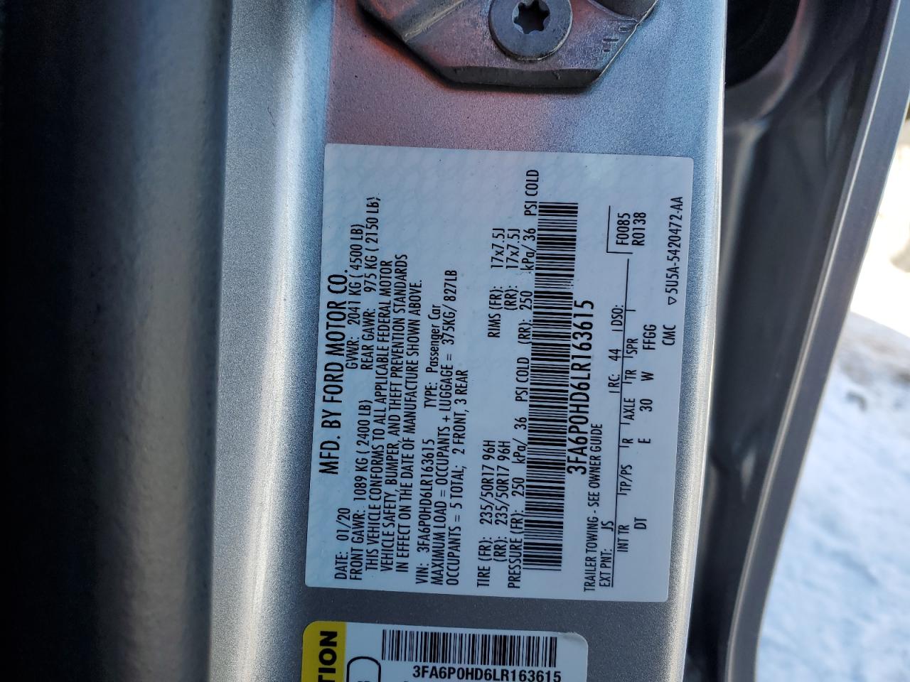 2020 Ford Fusion VIN 3FA6P0HD6LR163615 Copart auction photo, rear end / minor dent/scratches damage thumbnail 12