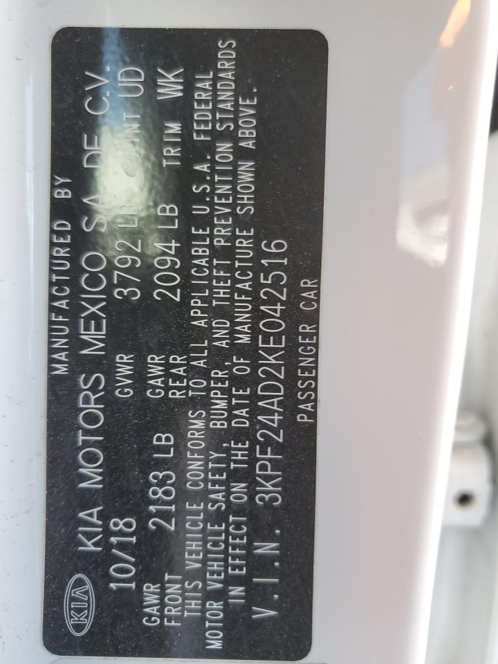 2019 KIA Forte VIN 3KPF24AD2KE042516 Copart auction photo, front end damage thumbnail 14