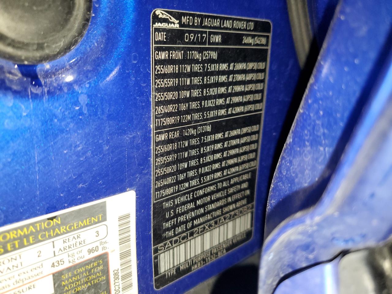 2018 Jaguar F-Pace VIN SADCL2FX3JA273082 Copart auction photo, rollover / side damage thumbnail 12