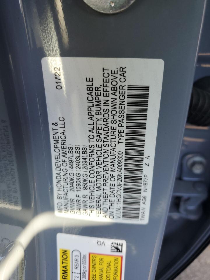 2022 Honda Accord VIN 1HGCV3F26NA009300 Copart auction photo, rear end damage thumbnail 12
