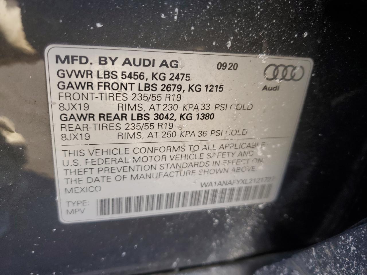 2020 Audi Q5 VIN WA1ANAFYXL2121727 Copart auction photo, front end / minor dent/scratches damage thumbnail 13