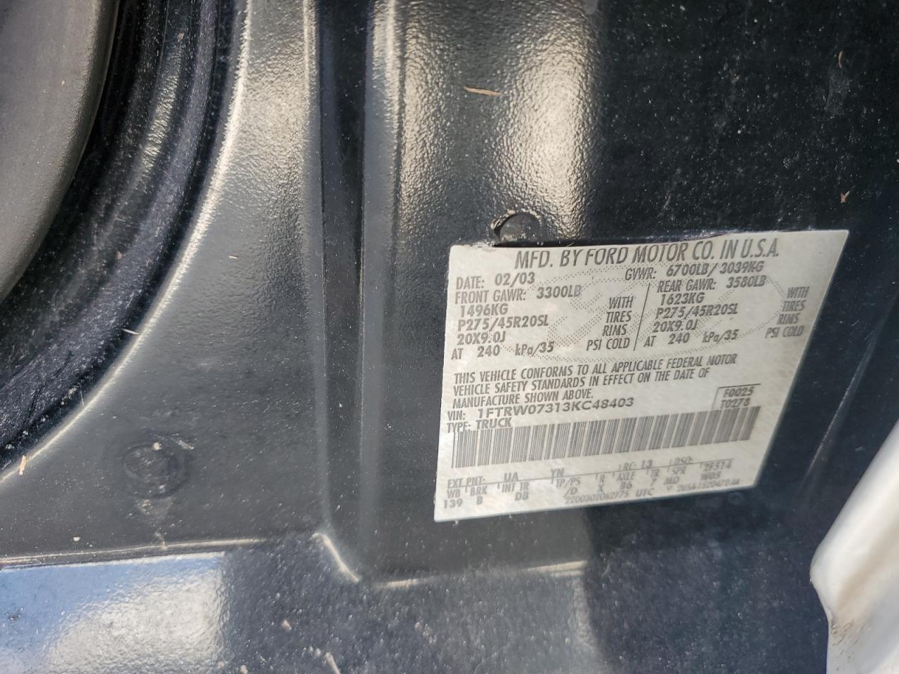 2003 Ford F-150 VIN 1FTRW07313KC48403 Copart auction photo, water/flood damage thumbnail 12
