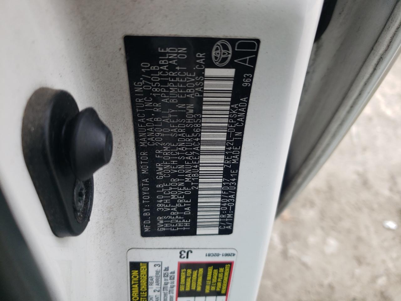 2010 Toyota Corolla VIN 2T1BU4EE7AC456853 Copart auction photo, side / minor dent/scratches damage thumbnail 12