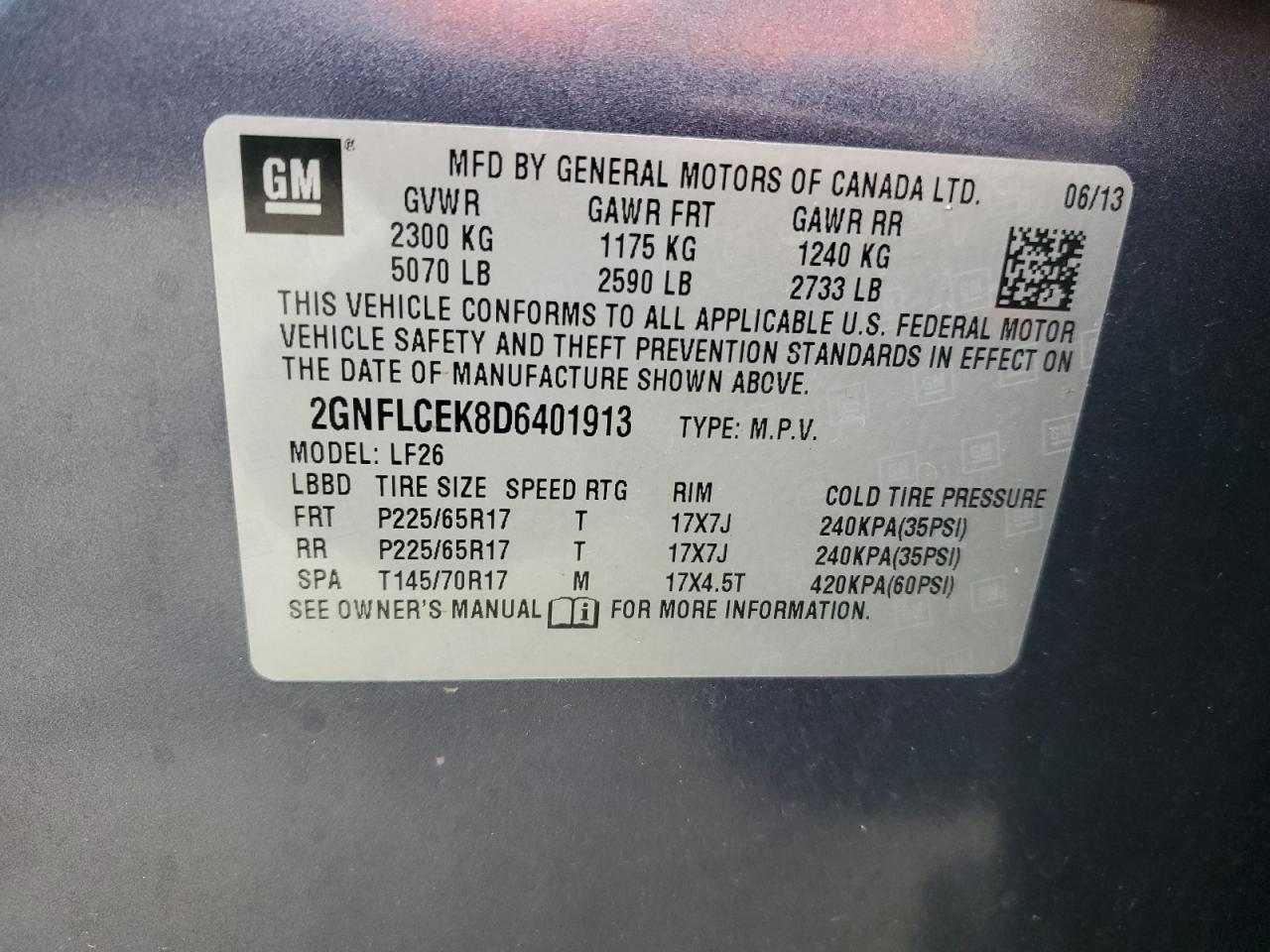 2013 Chevrolet Equinox VIN 2GNFLCEK8D6401913 Copart auction photo, all over damage thumbnail 15