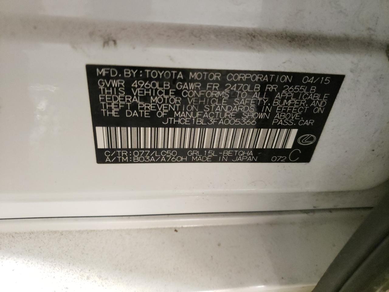 2015 Lexus GS VIN JTHCE1BL3FA005366 Copart auction photo, front end / rear end damage thumbnail 12