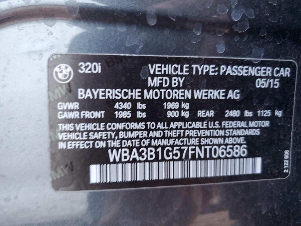 2015 BMW 3er VIN WBA3B1G57FNT06586 Copart auction photo, front end / side damage thumbnail 12