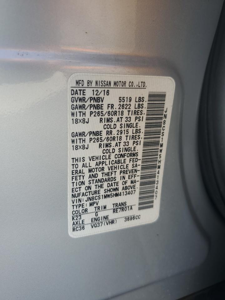 2017 Infiniti QX70 VIN JN8CS1MW5HM413407 Copart auction photo, all over damage thumbnail 12