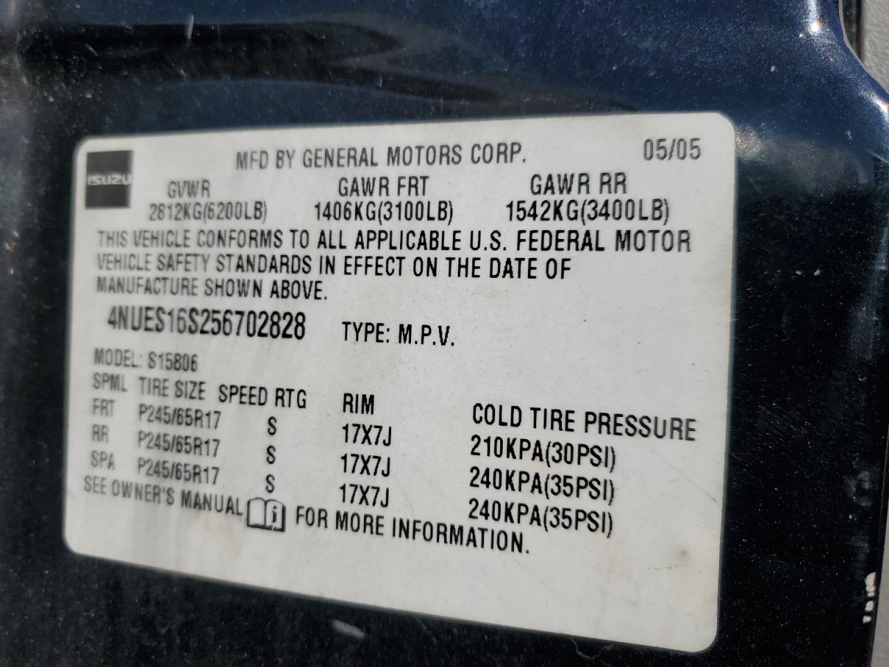 2005 Isuzu Ascender VIN 4NUES16S256702828 Copart auction photo, front end damage thumbnail 14
