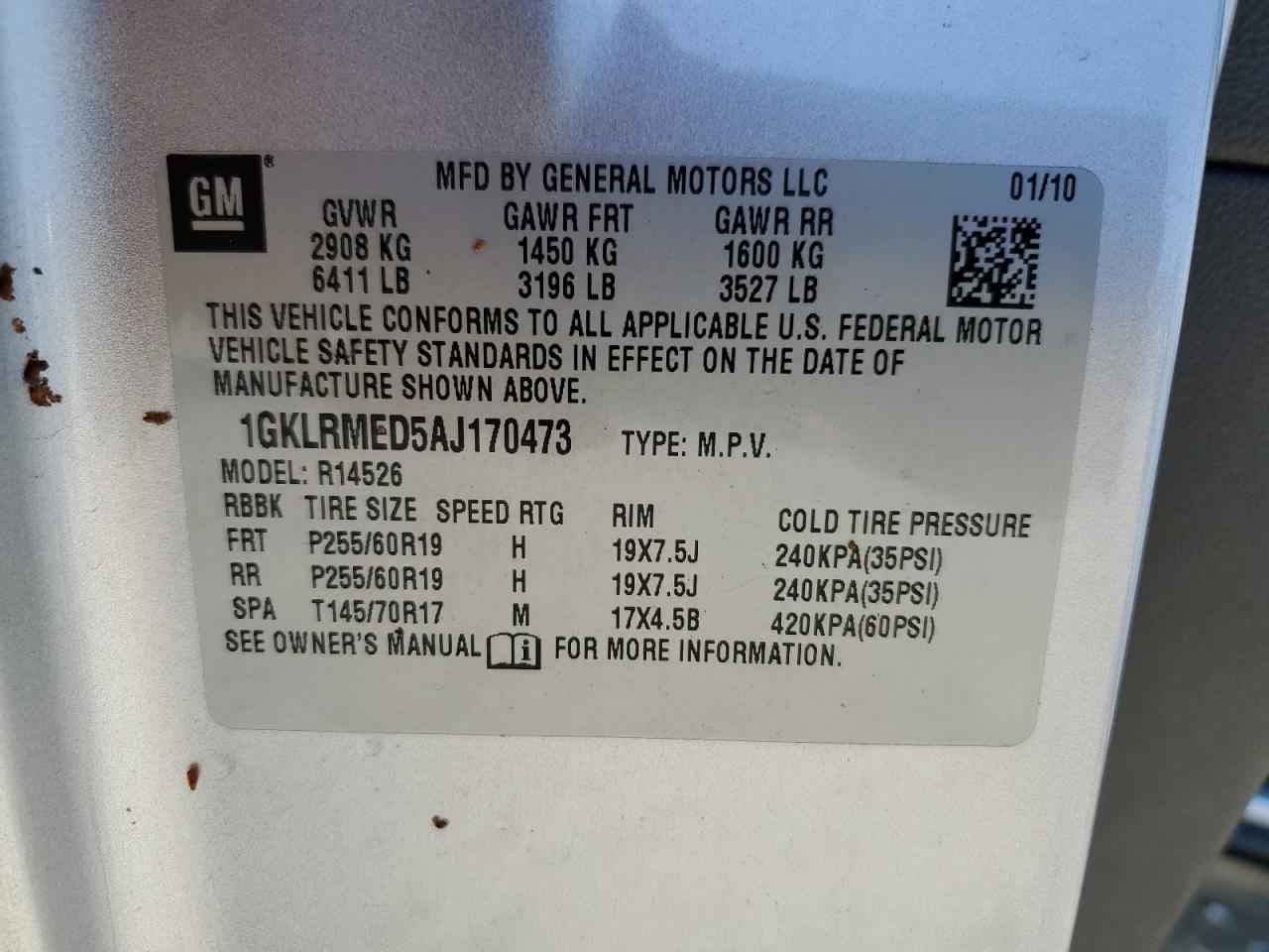 2010 GMC Acadia VIN 1GKLRMED5AJ170473 Copart auction photo, front end / minor dent/scratches damage thumbnail 13