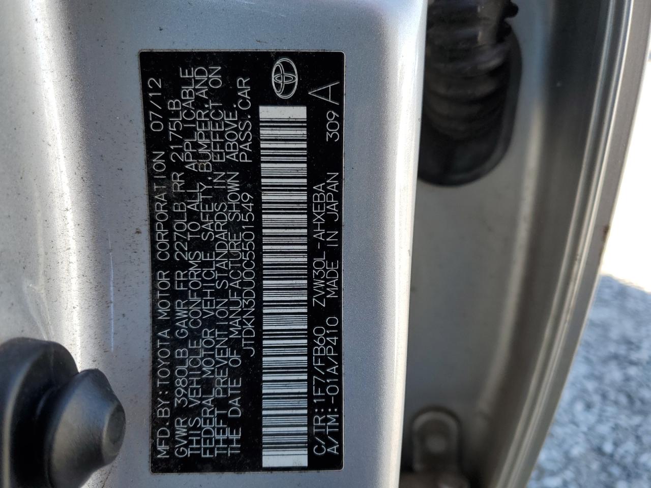 2012 Toyota Prius VIN JTDKN3DU0C5501549 Copart auction photo, side / front end damage thumbnail 12