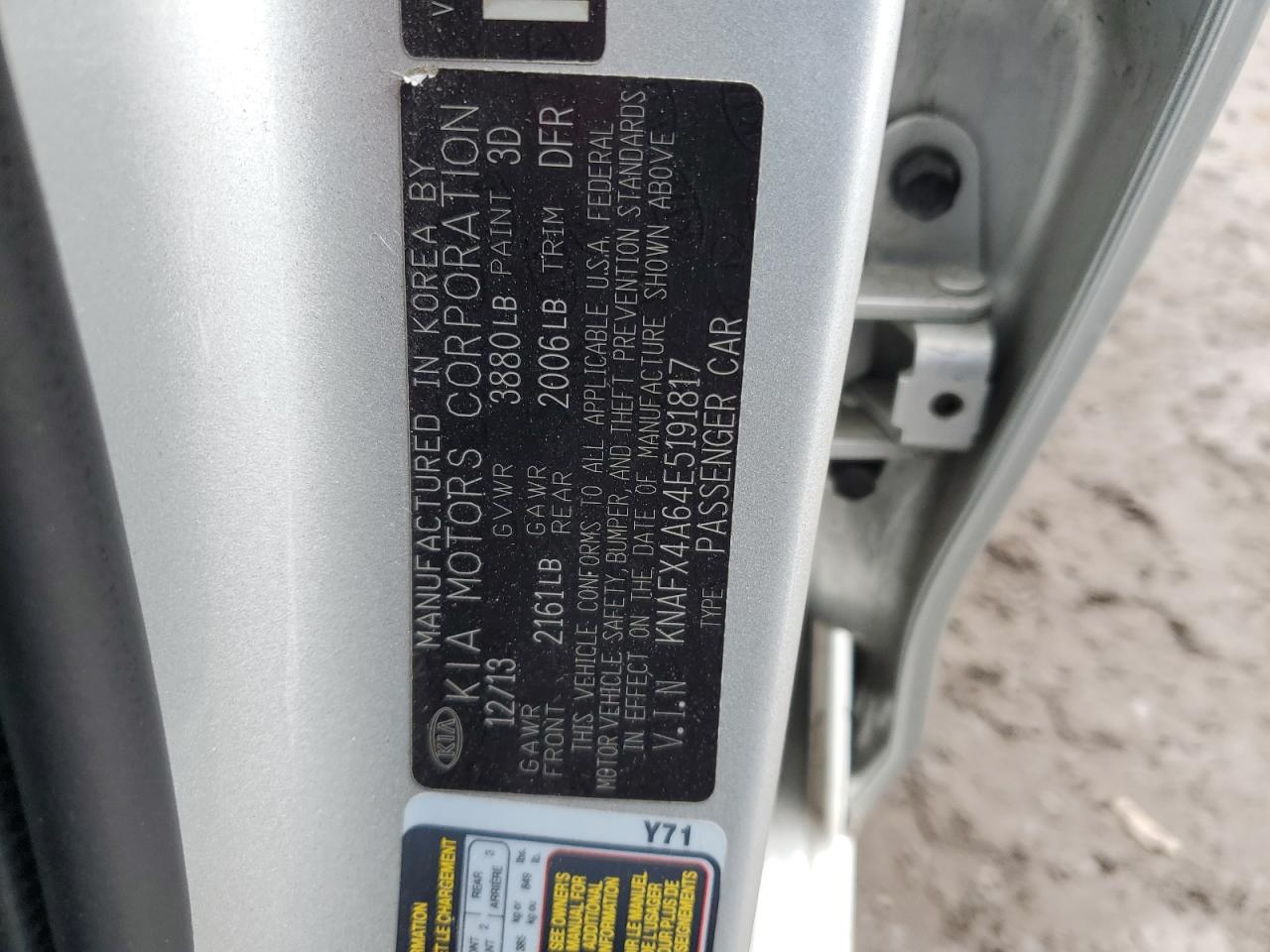 2014 KIA Forte VIN KNAFX4A64E5191817 Copart auction photo, vandalism damage thumbnail 12
