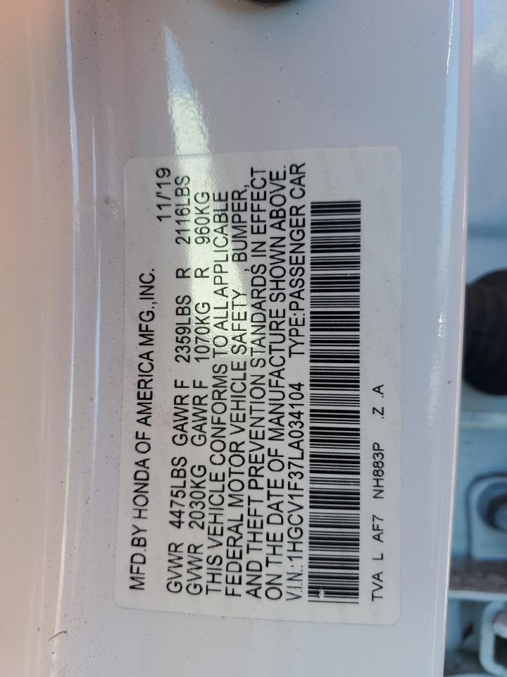 2020 Honda Accord VIN 1HGCV1F37LA034104 Copart auction photo, rear end damage thumbnail 14