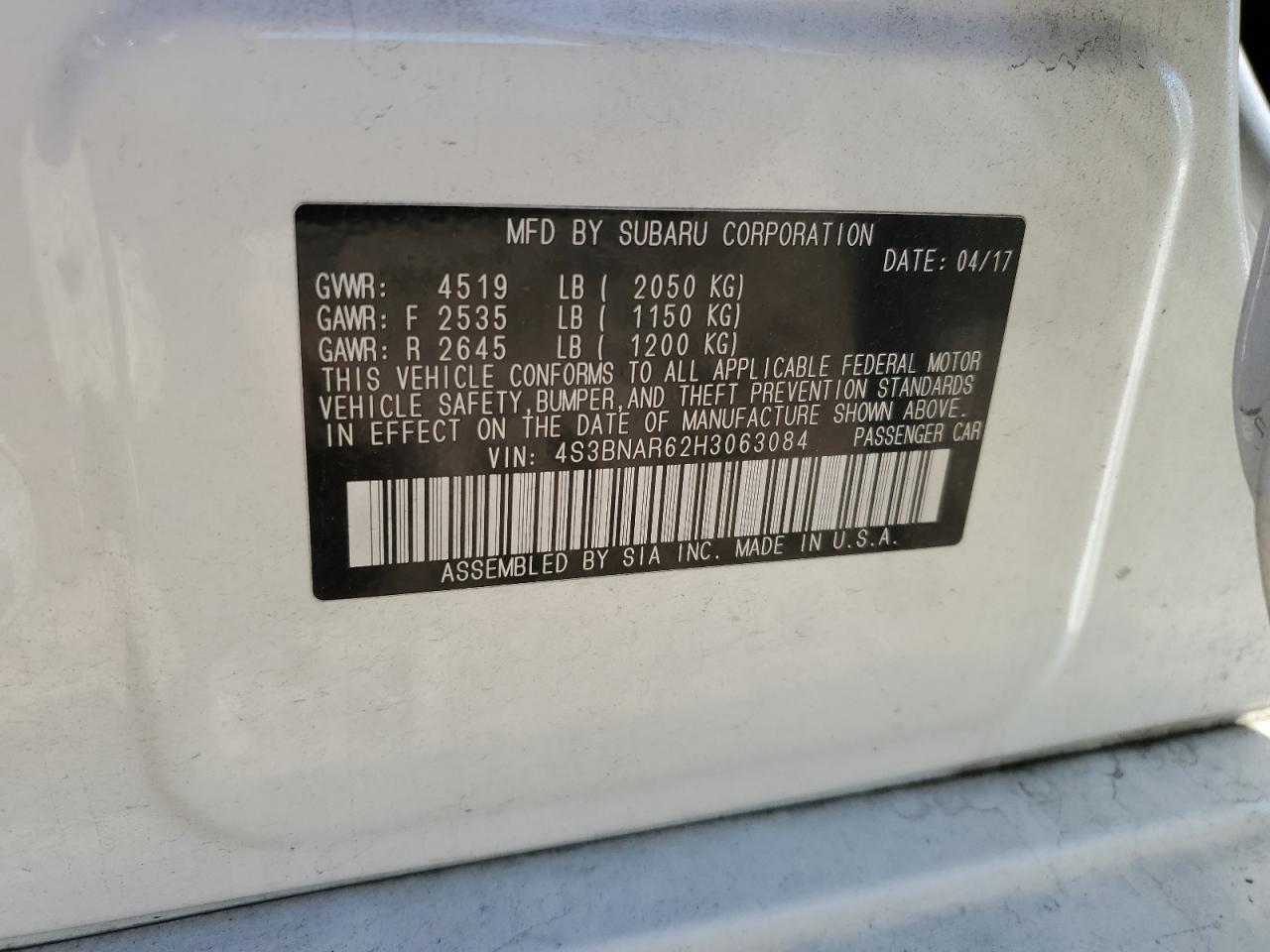 2017 Subaru Legacy VIN 4S3BNAR62H3063084 Copart auction photo, front end / minor dent/scratches damage thumbnail 14