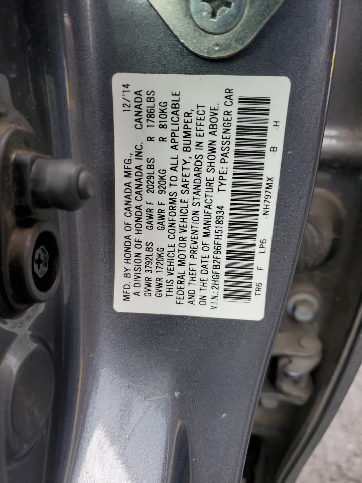 2015 Honda Civic VIN 2HGFB2F96FH518934 Copart auction photo, front end / rear end damage thumbnail 14