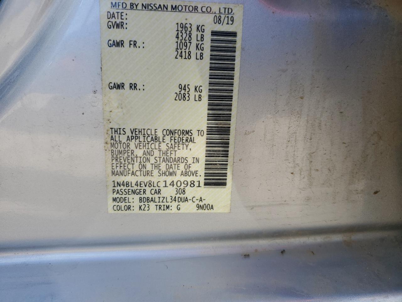 2020 Nissan Altima VIN 1N4BL4EV8LC140981 Copart auction photo, front end damage thumbnail 12