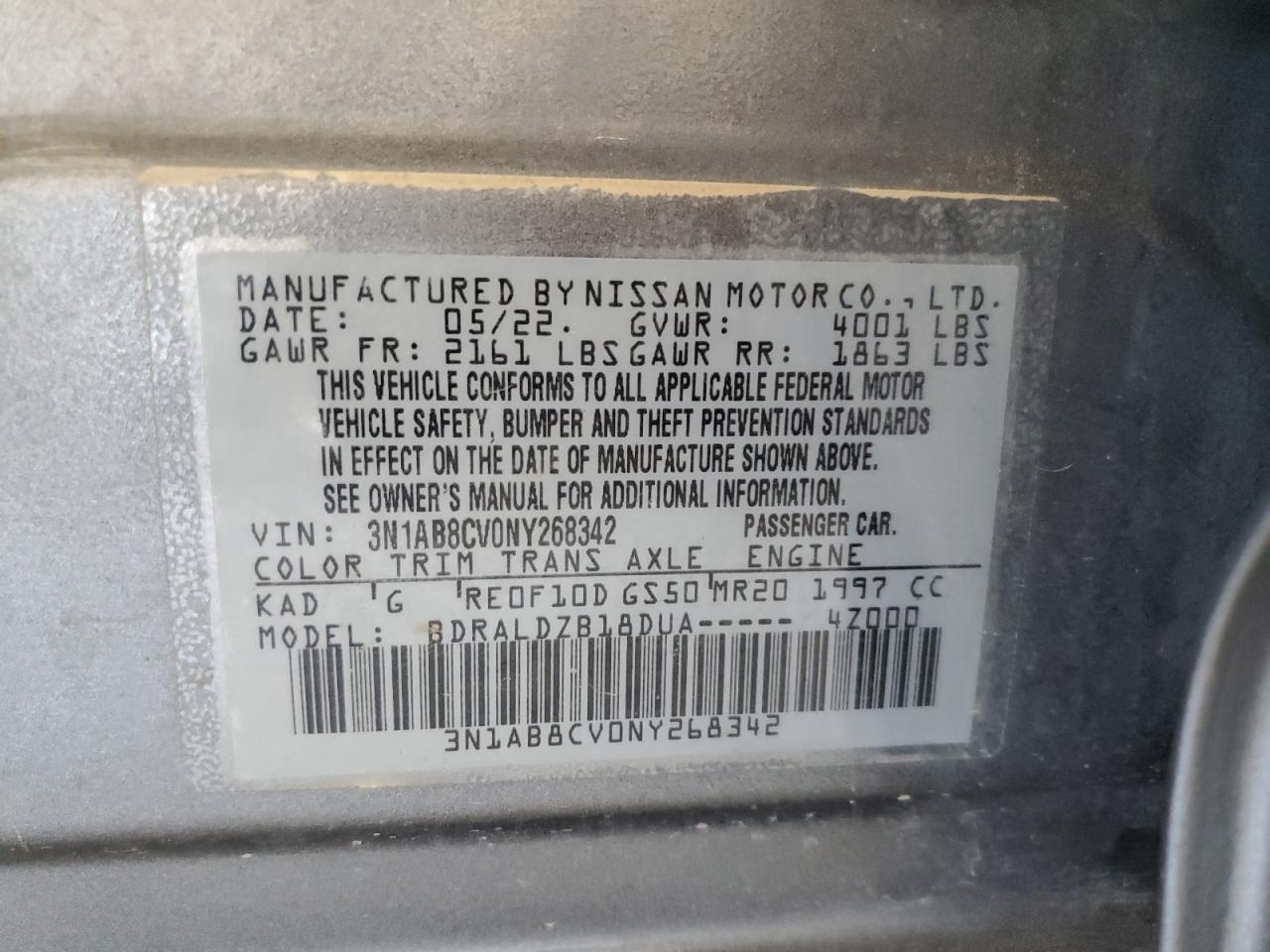 2022 Nissan Sentra VIN 3N1AB8CV0NY268342 Copart auction photo, front end / hail damage thumbnail 13