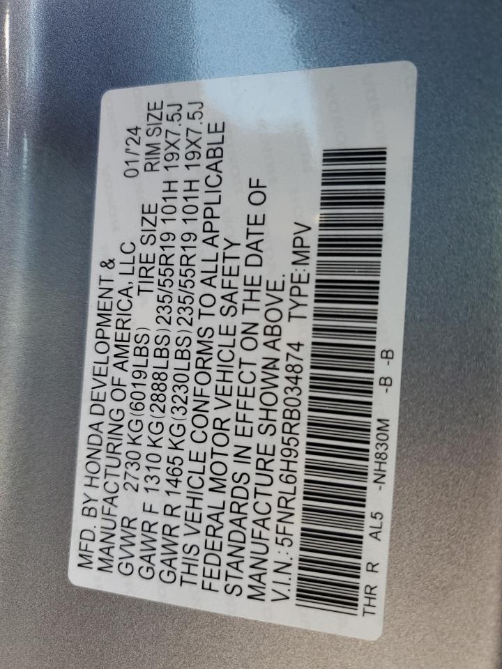 2024 Honda Odyssey VIN 5FNRL6H95RB034874 Copart auction photo, all over damage thumbnail 13
