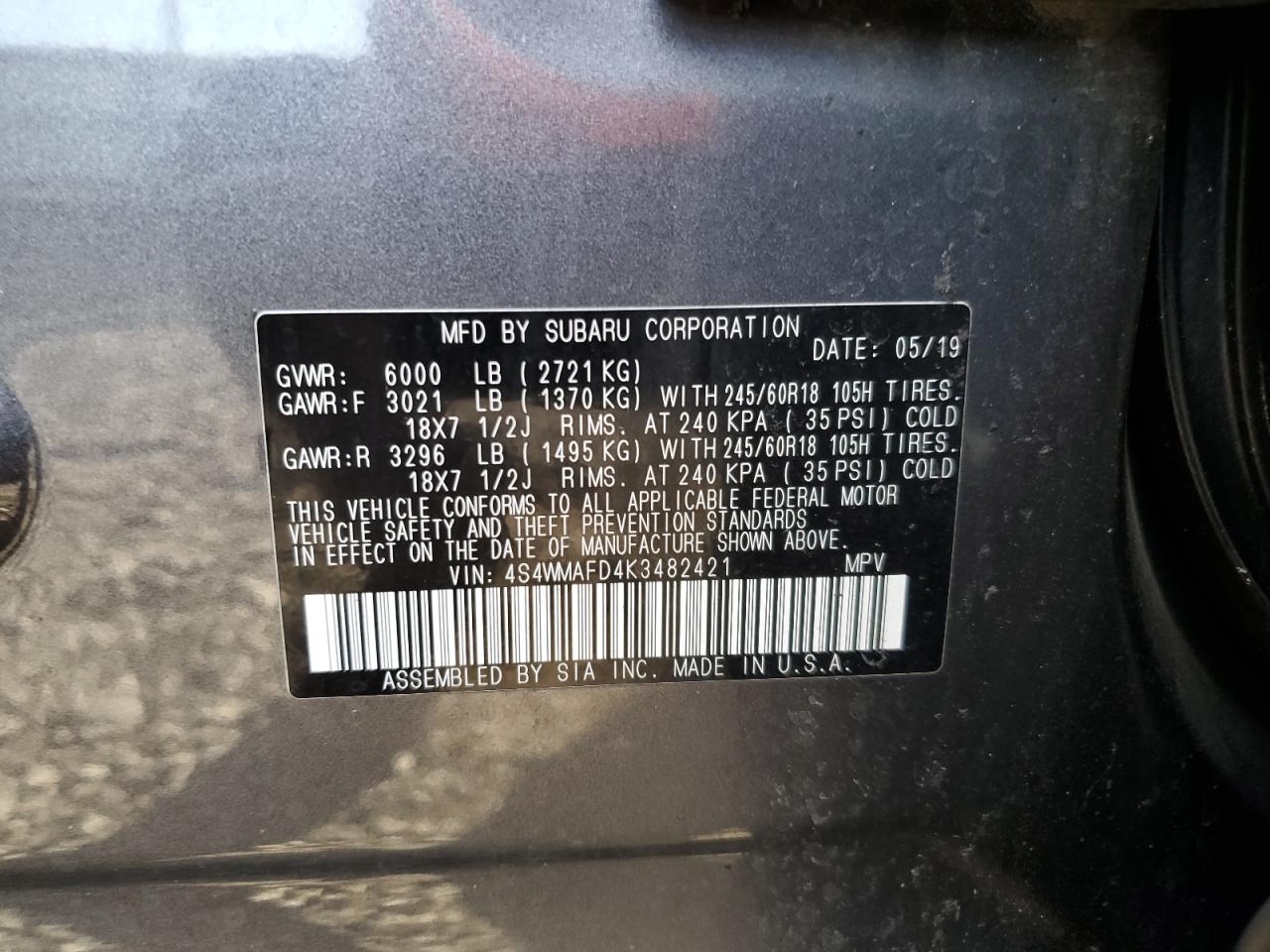 2019 Subaru Ascent VIN 4S4WMAFD4K3482421 Copart auction photo, front end / side damage thumbnail 15