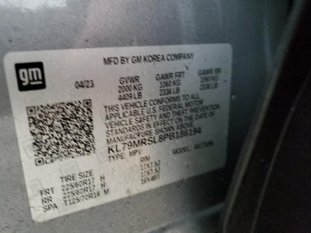 2023 Chevrolet TrailBlazer VIN KL79MRSL8PB186194 Copart auction photo, front end / side damage thumbnail 15
