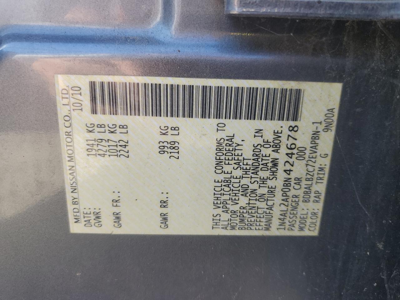2011 Nissan Altima VIN 1N4AL2AP0BN424678 Copart auction photo, front end / rear end damage thumbnail 13
