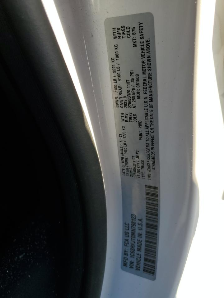 2021 RAM 1500 VIN 1C6SRFJT0MN798123 Copart auction photo, all over damage thumbnail 12