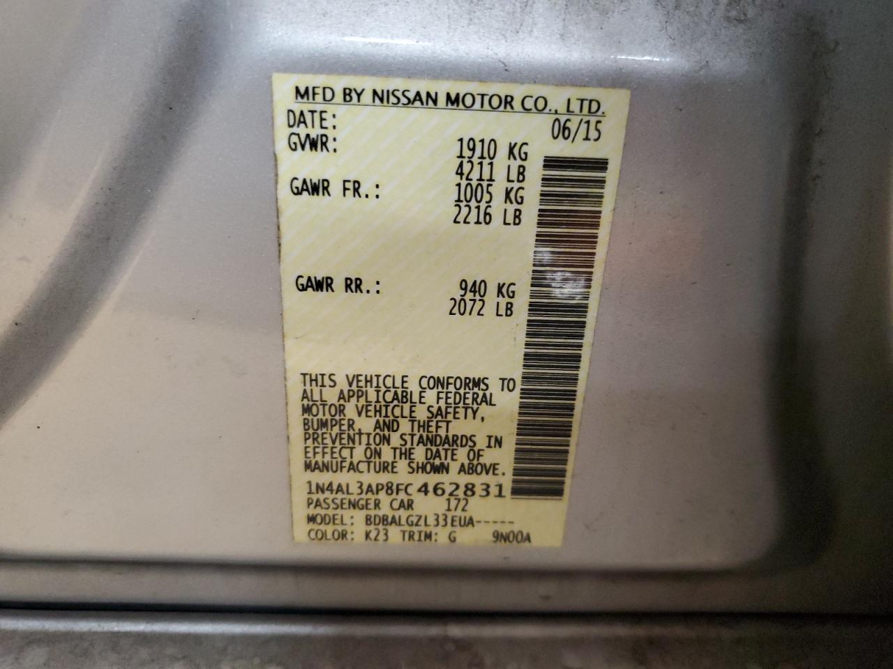 2015 Nissan Altima VIN 1N4AL3AP8FC462831 Copart auction photo, front end / undercarriage damage thumbnail 12
