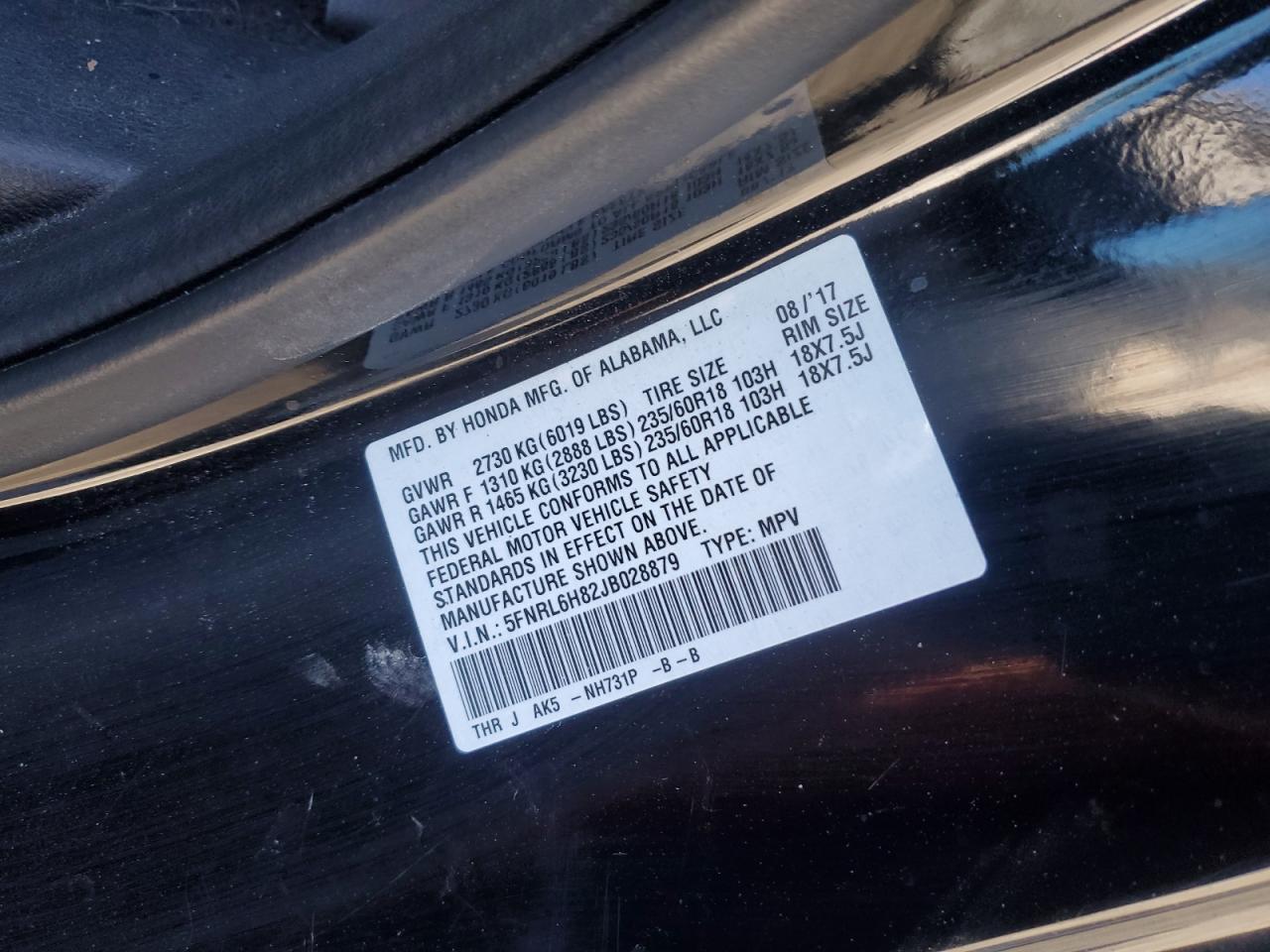 2018 Honda Odyssey VIN 5FNRL6H82JB028879 Copart auction photo, rear end / minor dent/scratches damage thumbnail 13