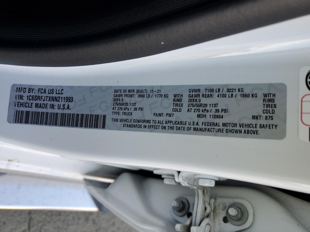 2022 RAM 1500 VIN 1C6SRFJTXNN211993 Copart auction photo, burn damage thumbnail 12