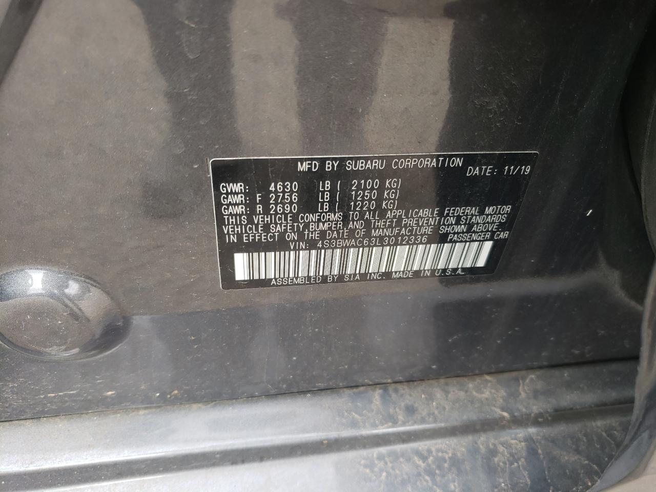 2020 Subaru Legacy VIN 4S3BWAC63L3012336 Copart auction photo, rear end damage thumbnail 12