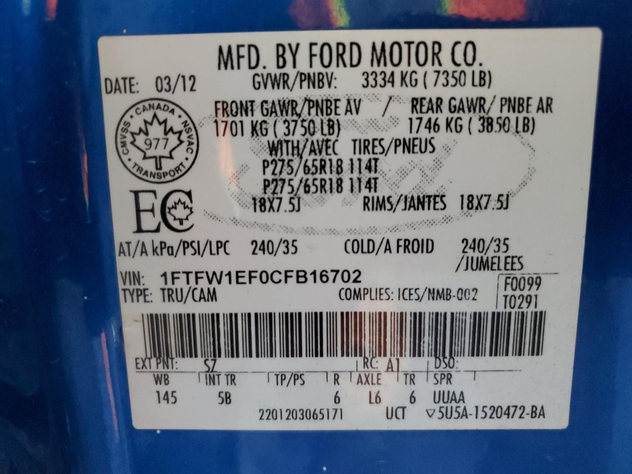 2012 Ford F-150 VIN 1FTFW1EF0CFB16702 Copart auction photo, front end damage thumbnail 12