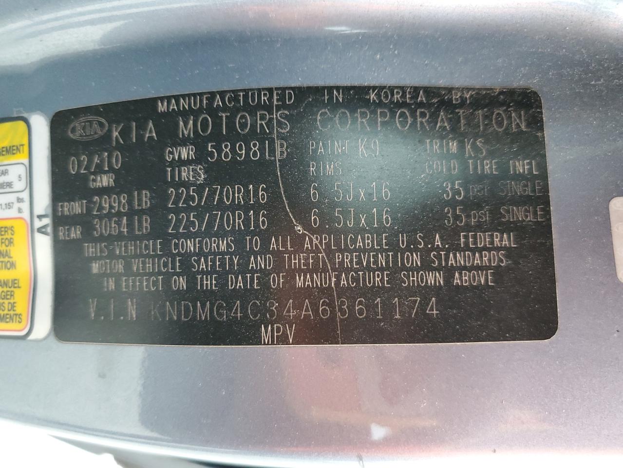 2010 KIA Sedona VIN KNDMG4C34A6361174 Copart auction photo, side damage thumbnail 15