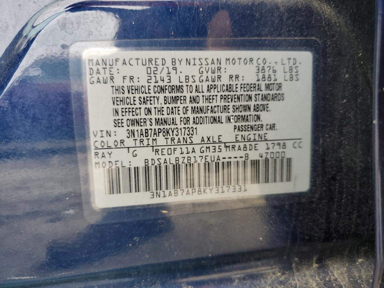 2019 Nissan Sentra VIN 3N1AB7AP8KY317331 Copart auction photo, front end / minor dent/scratches damage thumbnail 12