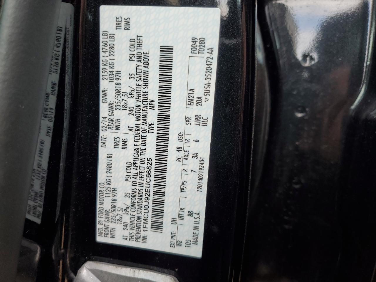 2014 Ford Escape VIN 1FMCU0J92EUC66825 Copart auction photo, front end damage thumbnail 12