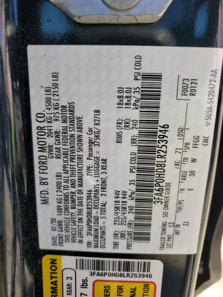 2020 Ford Fusion VIN 3FA6P0HD8LR253946 Copart auction photo, front end damage thumbnail 14
