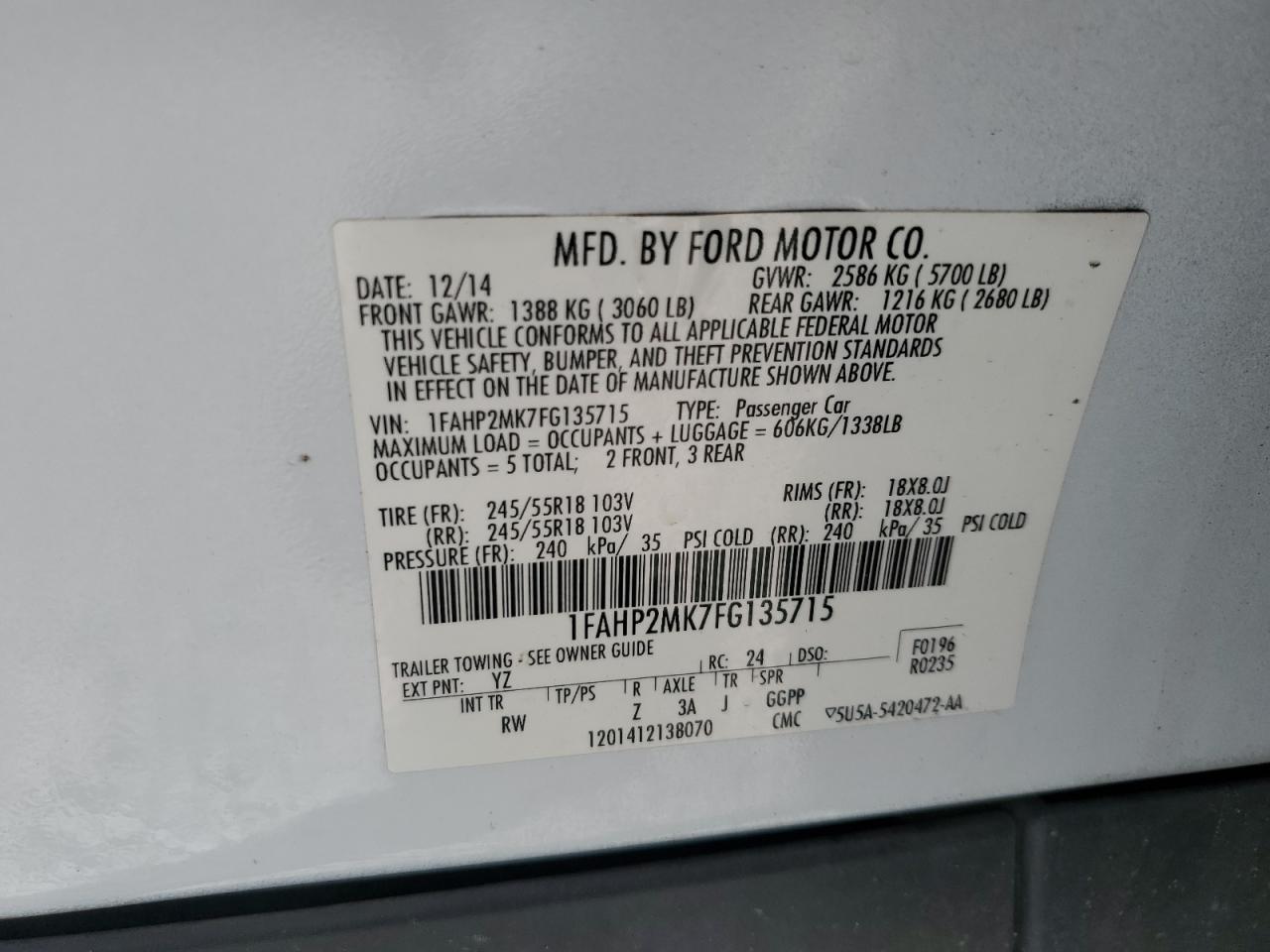 2015 Ford Taurus VIN 1FAHP2MK7FG135715 Copart auction photo, minor dent/scratches damage thumbnail 12