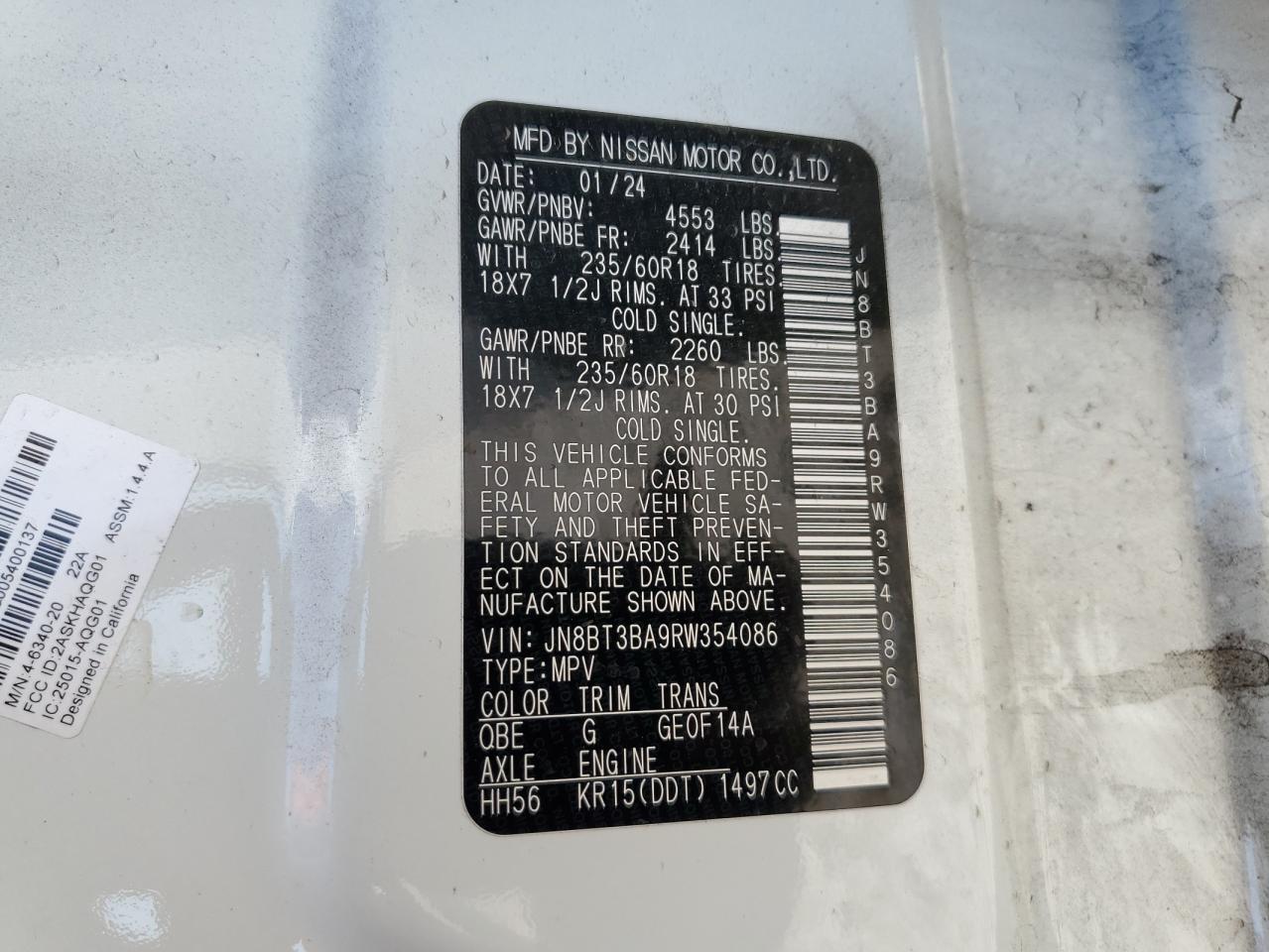 2024 Nissan Rogue VIN JN8BT3BA9RW354086 Copart auction photo, front end damage thumbnail 13