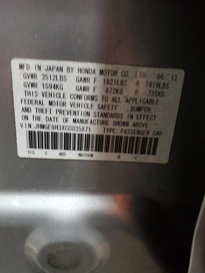 2012 Honda Fit VIN JHMGE8H3XCC035871 Copart auction photo, front end damage thumbnail 14