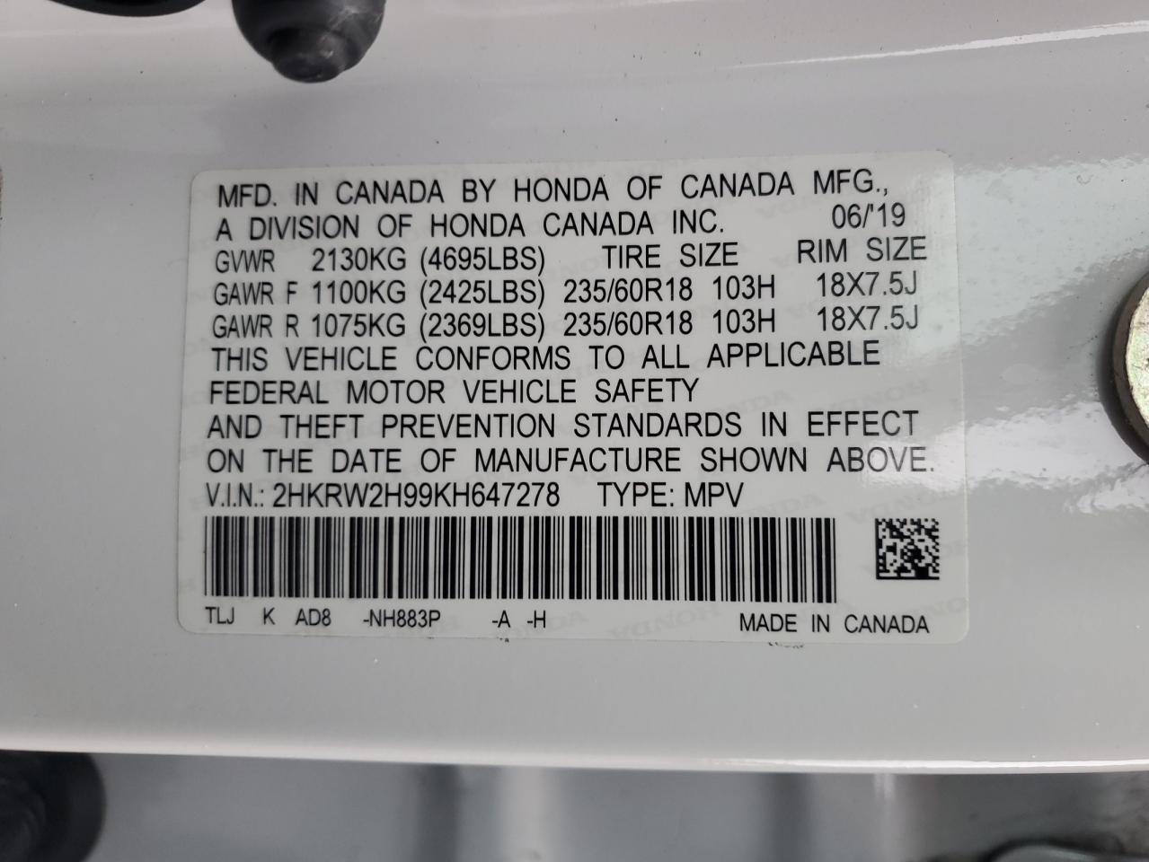 2019 Honda CR-V VIN 2HKRW2H99KH647278 Copart auction photo, rear end / minor dent/scratches damage thumbnail 13