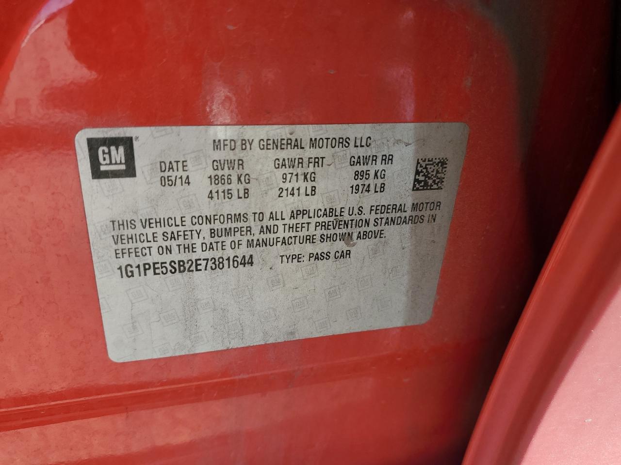 2014 Chevrolet Cruze VIN 1G1PE5SB2E7381644 Copart auction photo, front end / rear end damage thumbnail 12
