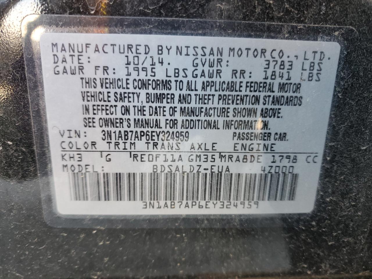 2014 Nissan Sentra VIN 3N1AB7AP6EY324959 Copart auction photo, normal wear damage thumbnail 12