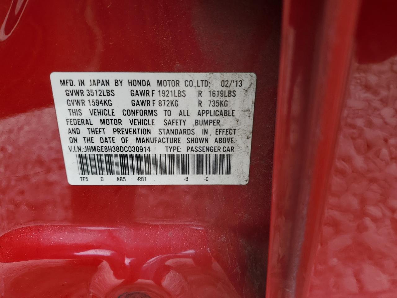 2013 Honda Fit VIN JHMGE8H38DC030914 Copart auction photo, front end damage thumbnail 12