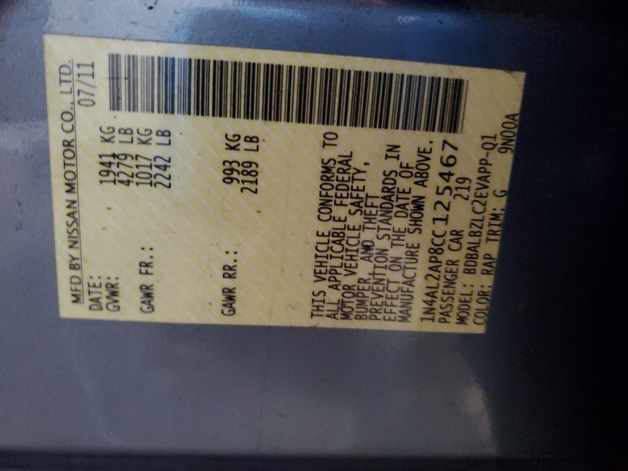 2012 Nissan Altima VIN 1N4AL2AP8CC125467 Copart auction photo, front end damage thumbnail 12