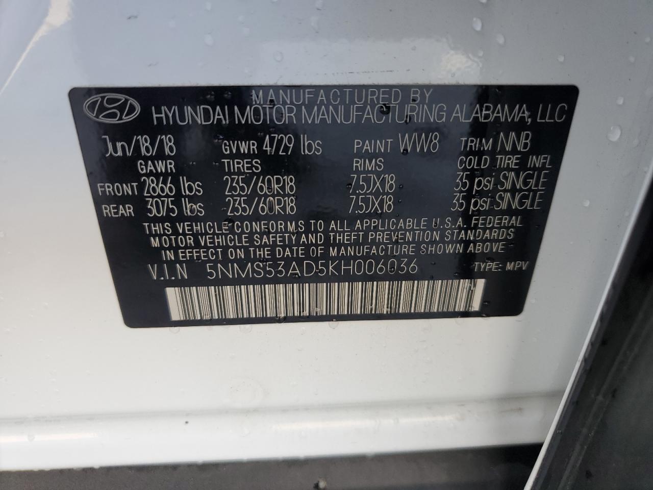 2019 Hyundai Santa Fe VIN 5NMS53AD5KH006036 Copart auction photo, front end damage thumbnail 14