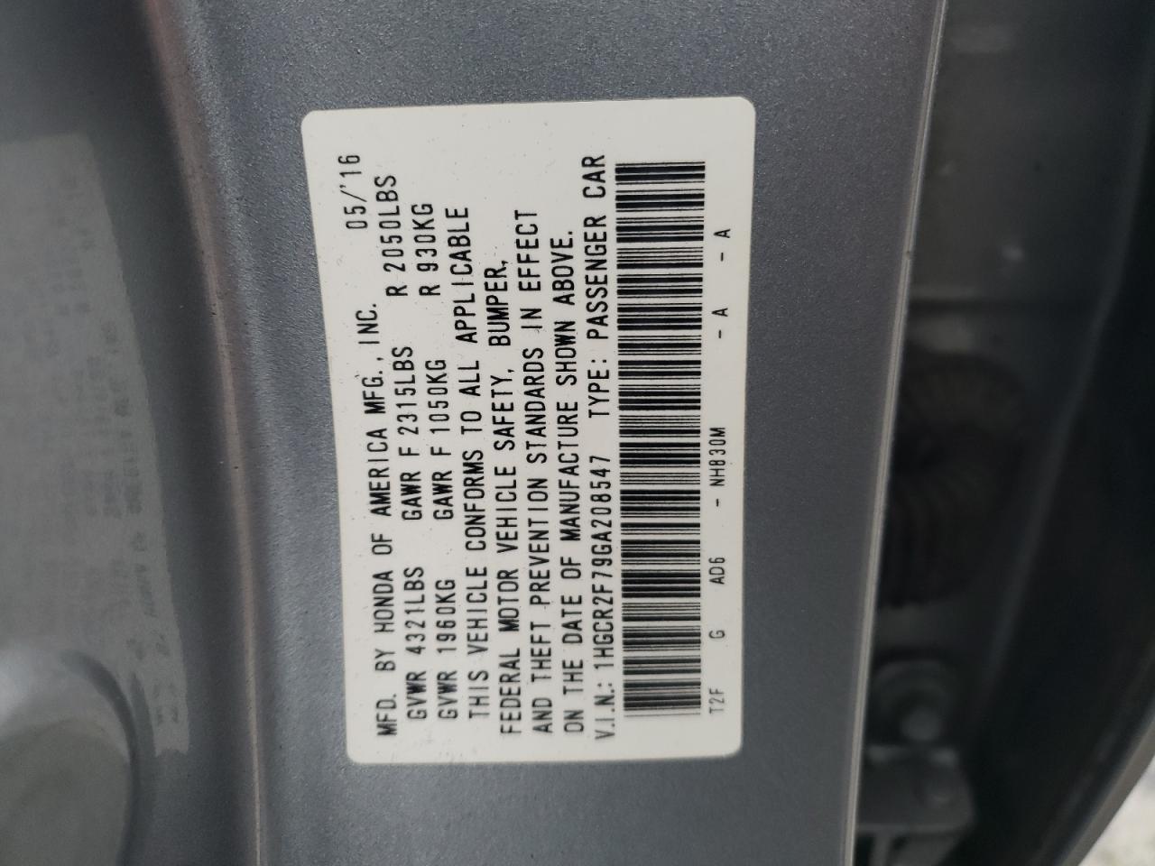 2016 Honda Accord VIN 1HGCR2F79GA208547 Copart auction photo, front end damage thumbnail 15