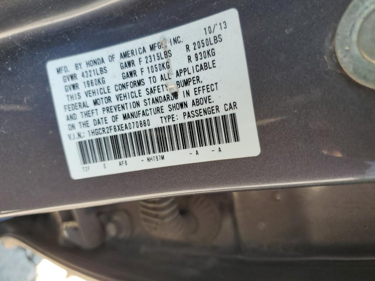 2014 Honda Accord VIN 1HGCR2F8XEA070880 Copart auction photo, front end / minor dent/scratches damage thumbnail 14