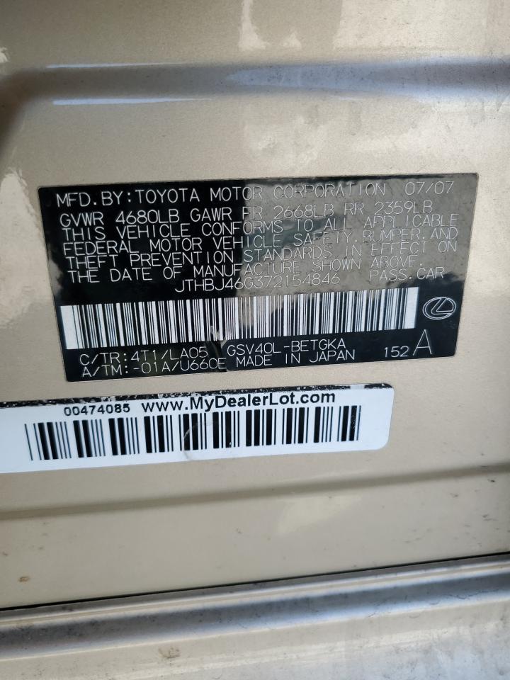 2007 Lexus ES VIN JTHBJ46G372154846 Copart auction photo, front end damage thumbnail 12