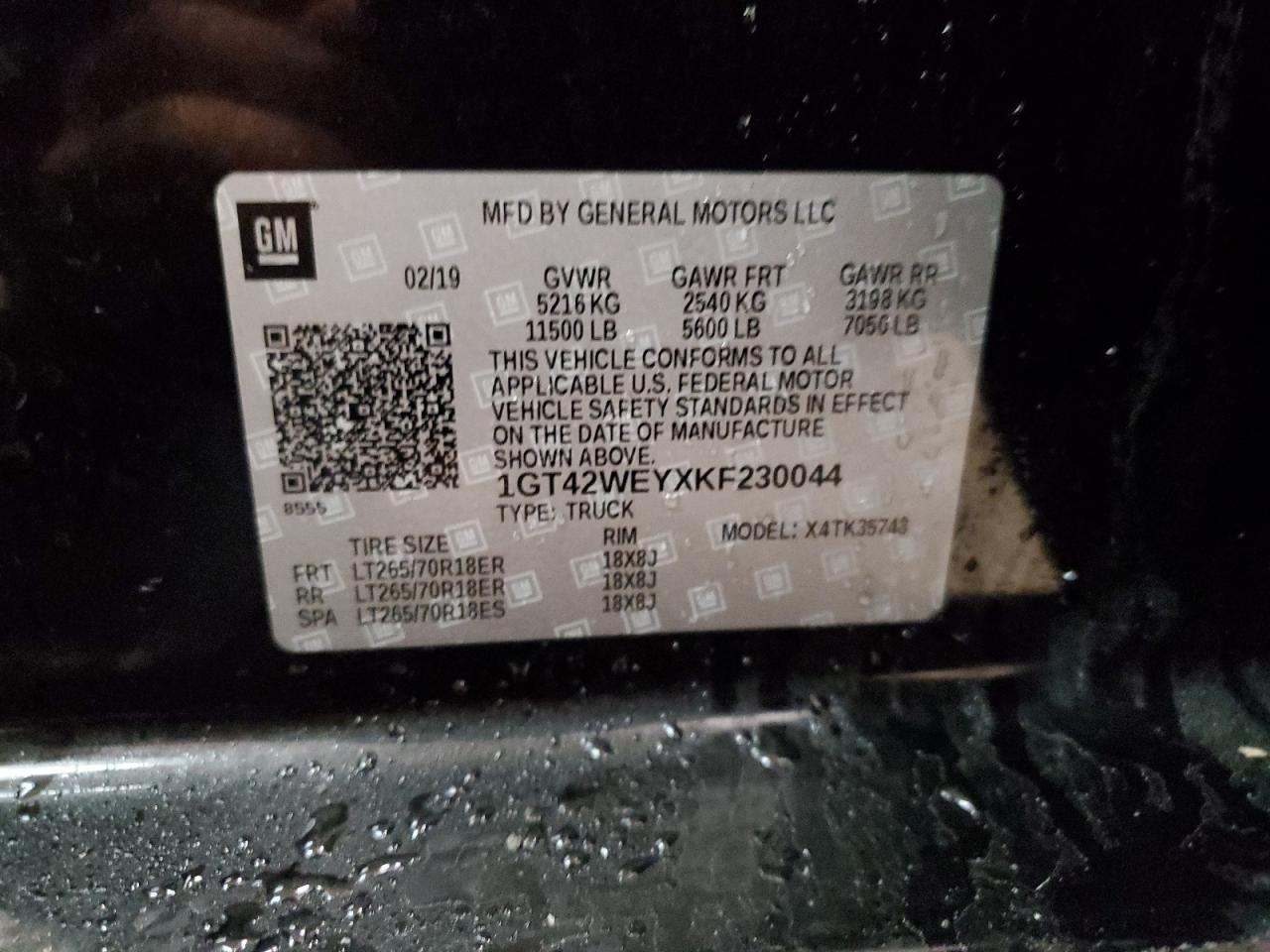 2019 GMC Sierra VIN 1GT42WEYXKF230044 Copart auction photo, all over damage thumbnail 12