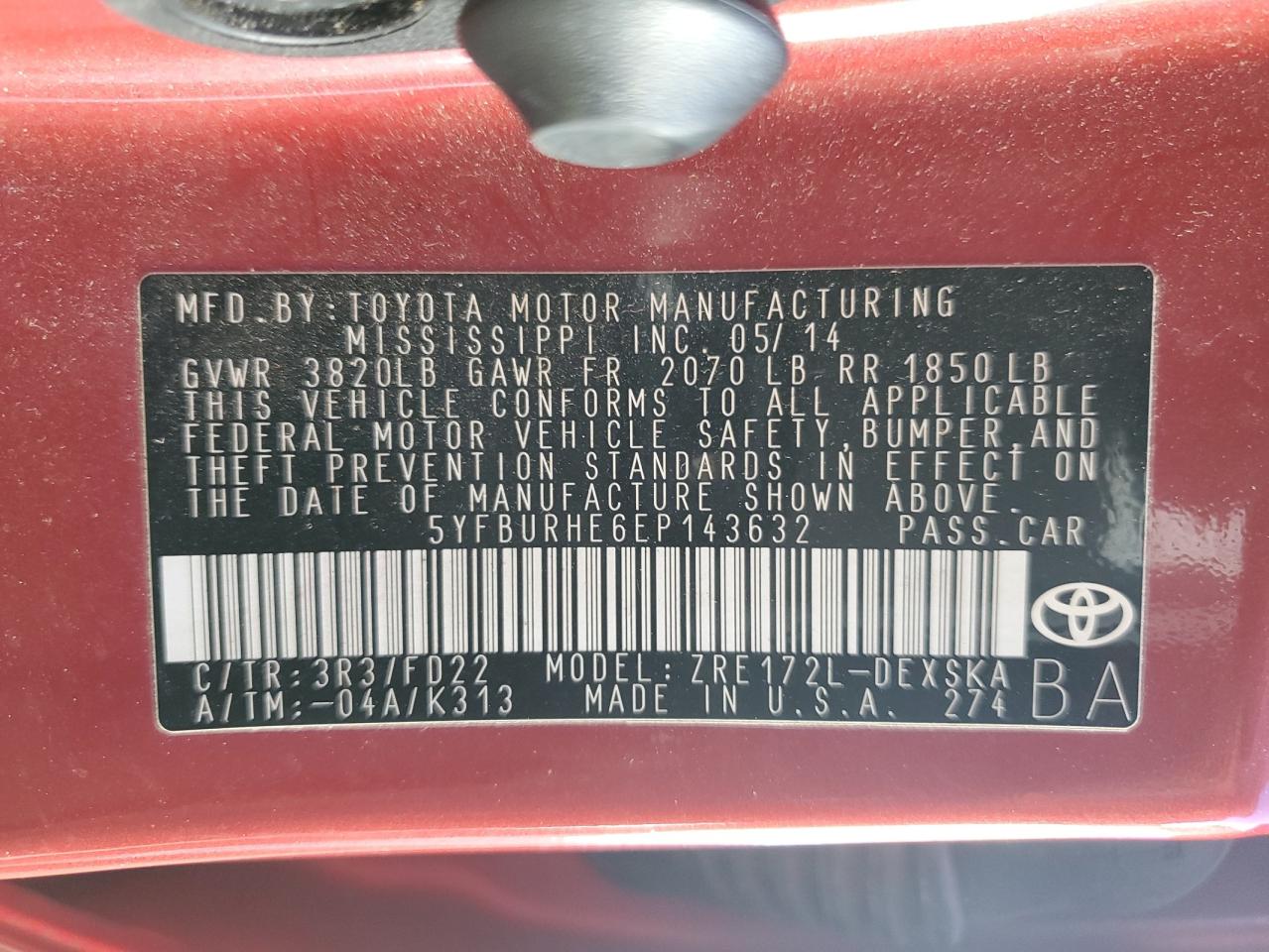 2014 Toyota Corolla VIN 5YFBURHE6EP143632 Copart auction photo, front end / minor dent/scratches damage thumbnail 13