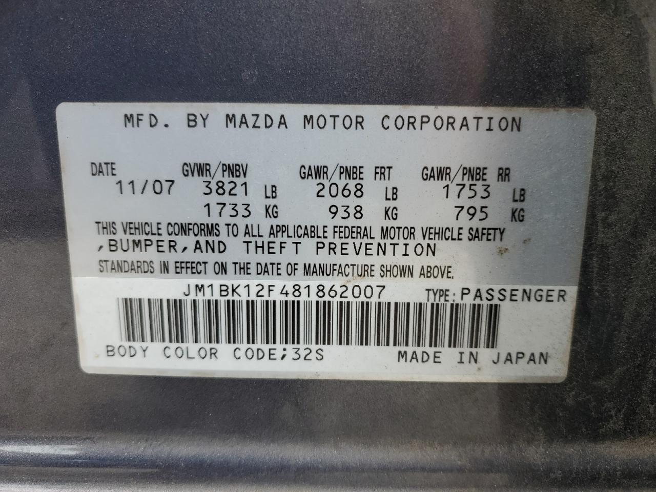 2008 Mazda 3 VIN JM1BK12F481862007 Copart auction photo, water/flood damage thumbnail 13